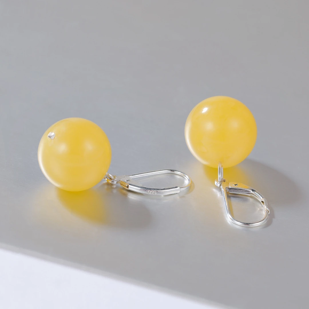 S&A赛吉蜜蜡耳环耳饰女时尚百搭S925银镶琥珀圆珠耳坠光面鸡油黄