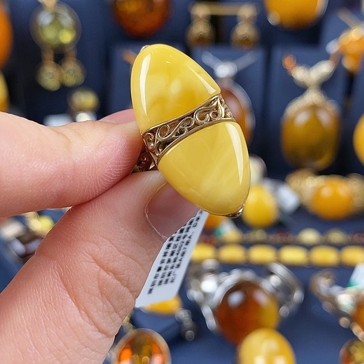 琥珀戒指银S925镀金镶嵌