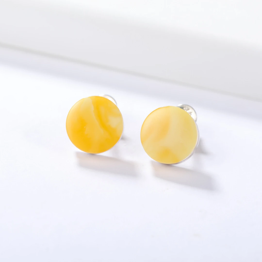 S&A天然琥珀蜜蜡耳钉耳饰女都市时尚系列S925银镶圆形蜜蜡耳环