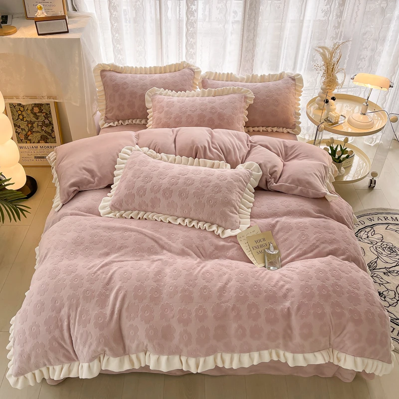 冬季牛奶床上四件套加厚珊瑚法兰纯色保暖被套三件套宿舍床单被罩