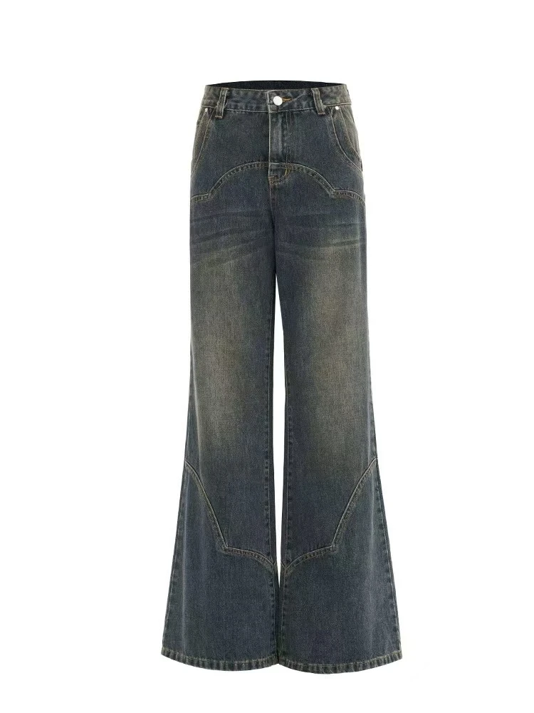 秋季新款美式复古拼接微喇拖地牛仔裤