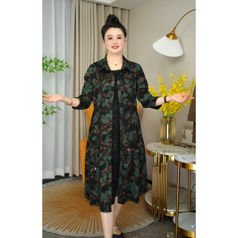 早秋新款中年女装弹力风衣外套裙中长款显瘦印花气质大码外套B87