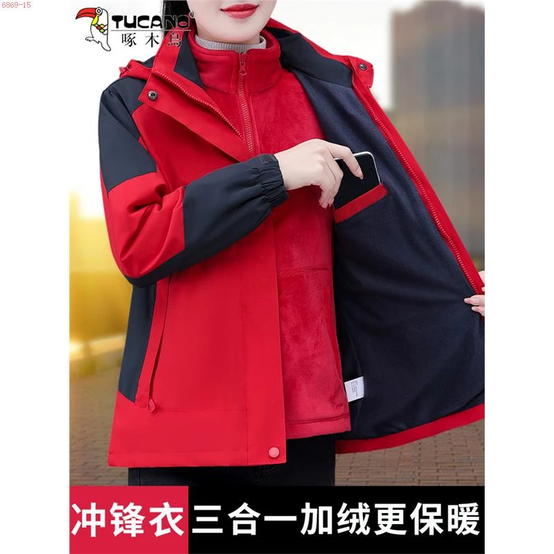 啄木鸟冲锋衣女款三合一秋冬2025新款加绒加厚防风防水运动短外套