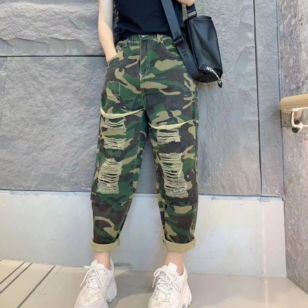啵啵9807百搭个性破洞迷彩裤