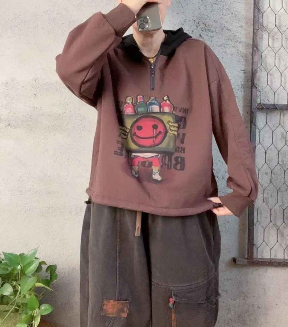 啵啵CM9870瓶子笑脸底边抽绳加绒帽卫衣