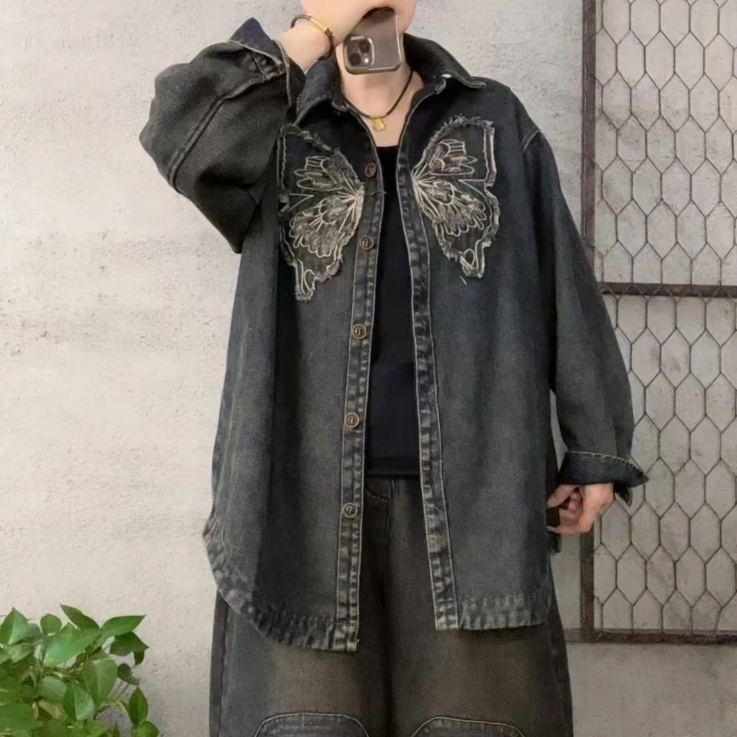 啵啵CM094蝴蝶刺绣加绒牛仔衬衫外套