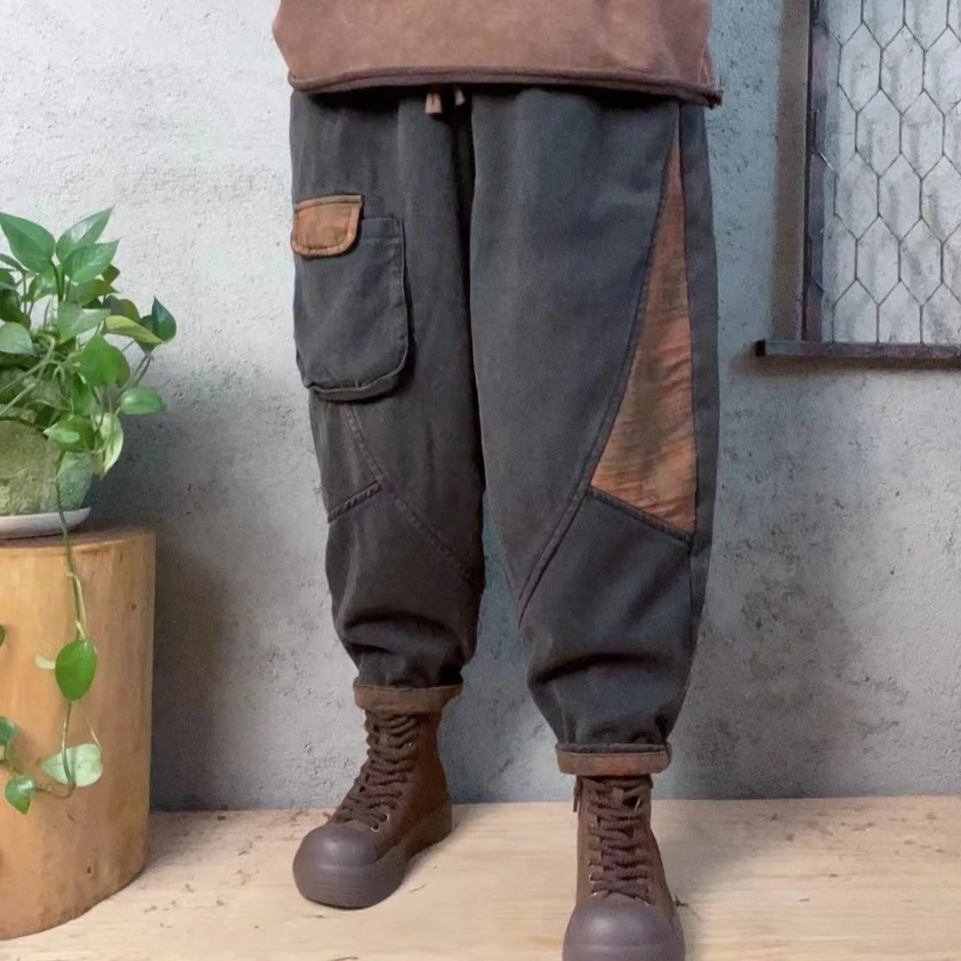 啵啵CMQ701裤子单口袋橘贴布加绒牛仔裤