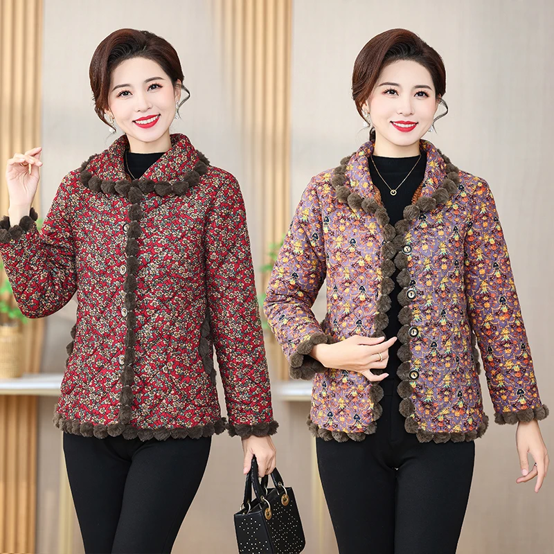 冬季新款 加绒加厚洋气妈妈保暖花棉袄中老年妈妈装袄冬季妈妈装