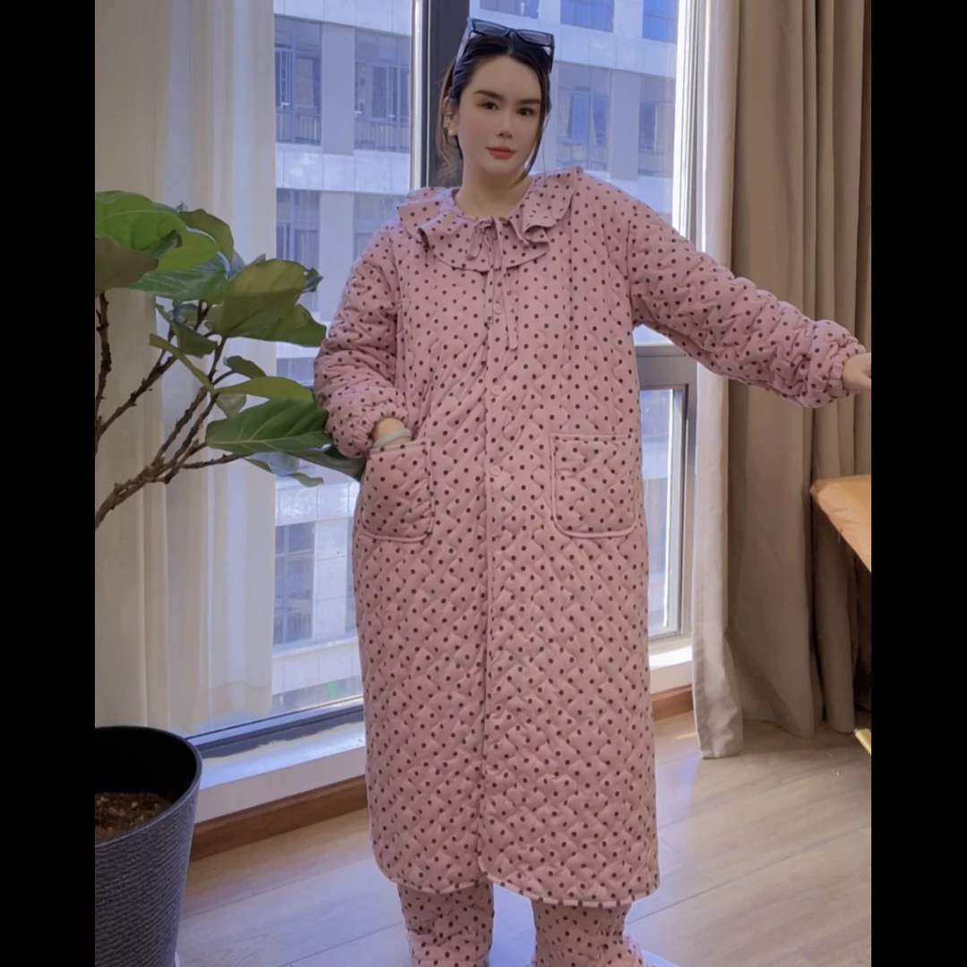 三层加棉加厚长款纯棉睡衣家居服甜美棉衣加厚保暖休闲两件套女冬