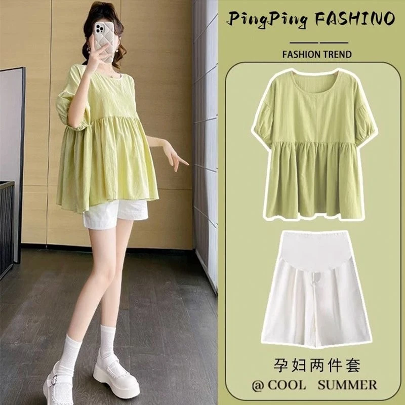 孕妇装夏装娃娃衫时尚宽松大码2023气质韩版上衣托腹短袖套装