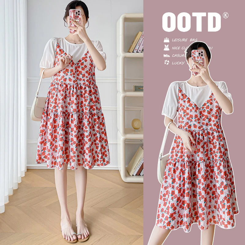 孕妇装假两件裙宽松小清新连衣裙夏装2024新款雪纺碎花裙子中长款