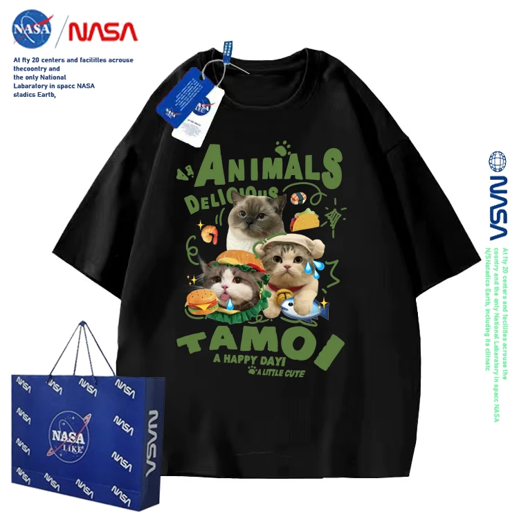 NASA联名美式萌宠猫咪图案纯棉短袖t恤男女夏季情侣(220克重磅款）