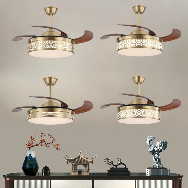 新中式全铜风扇家用吊灯现代简约房间卧室书房客厅隐形圆形吊扇灯