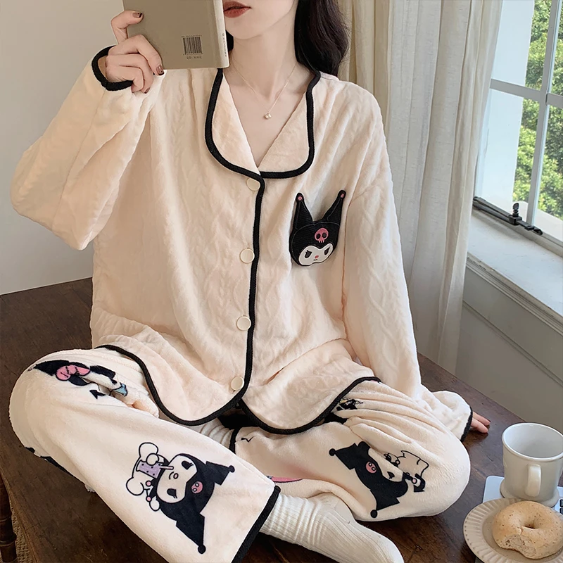 法兰绒睡衣女春秋季薄绒套装2023新款长袖珊瑚绒保暖可外穿家居服