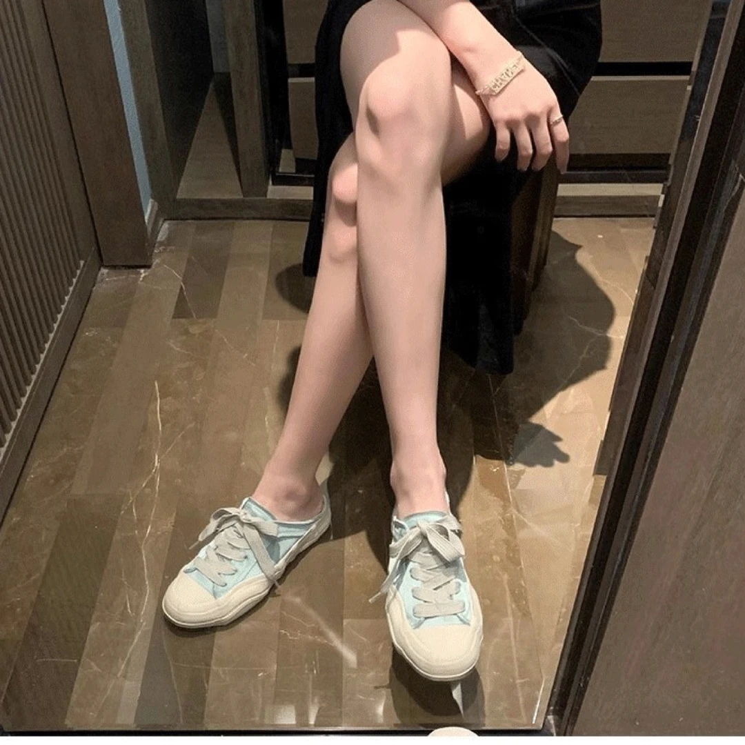 西班牙风薄荷绿百搭休闲系带夏季韩版女鞋外穿半拖平底鞋子帆布鞋