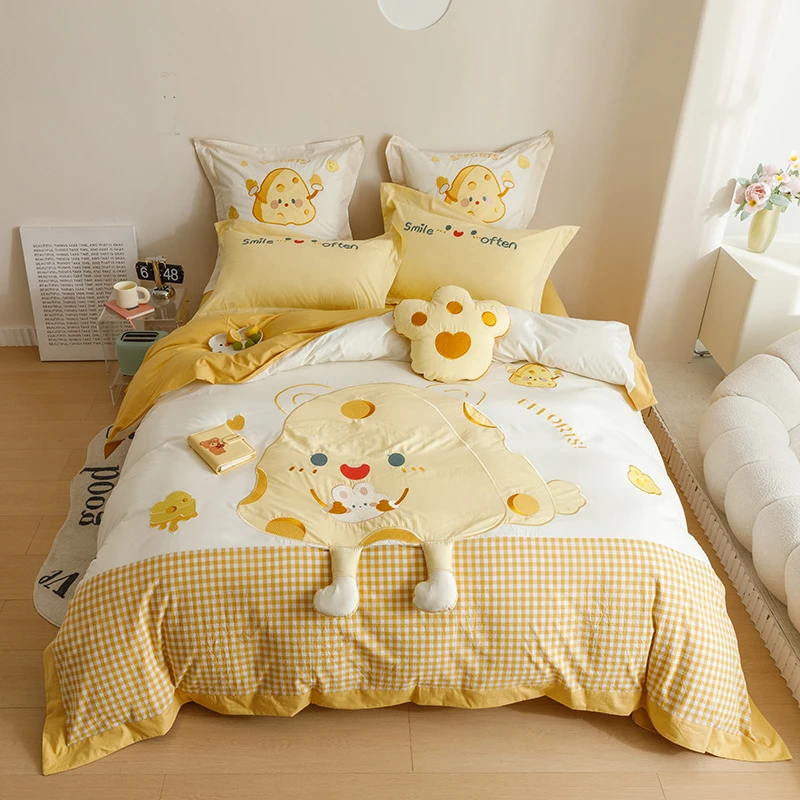 新款ins风A类40s全棉水洗棉贴布绣花四件套儿童三件套小清新床品