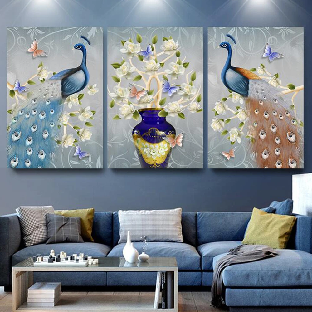 百丝特【孔雀翎】满钻三联画孔雀客厅玄关手工DIY钻石画十字绣花鸟