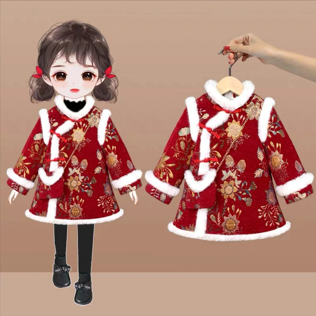 女童唐装汉服冬装洋气儿童中国风红色旗袍裙女宝宝新年加厚拜年服