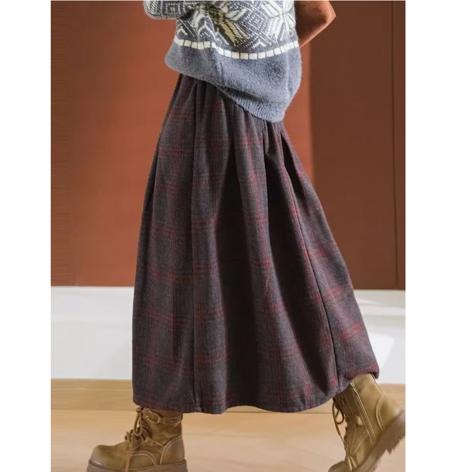 Q003气质百搭秋冬中长款加厚拼接冬季时尚复古显瘦半身裙