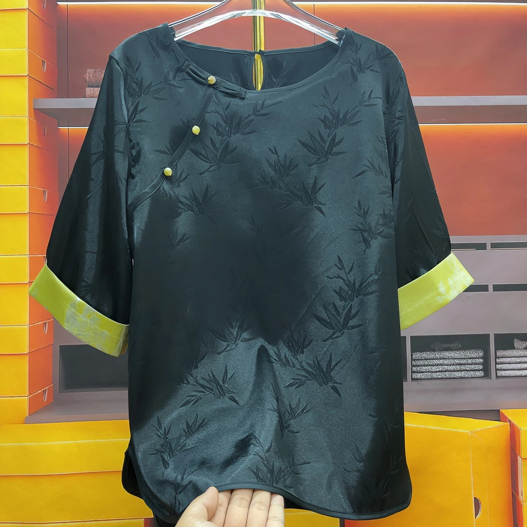 【喜上眉梢】新中式国风夏季女士圆领斜襟民族风女短袖上衣衬衫女