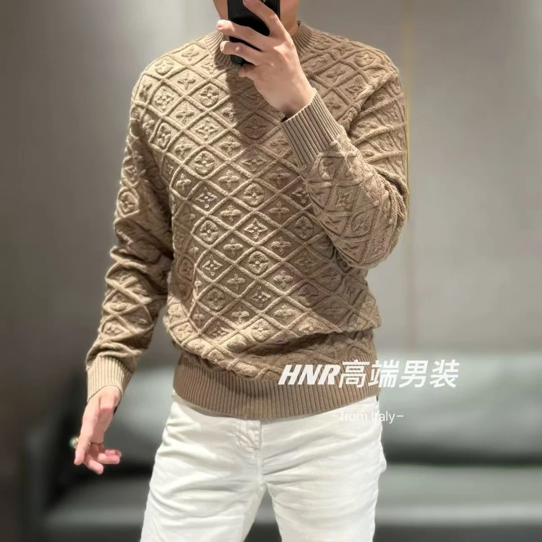 菱形格状提花工艺秋冬男士休闲潮流保暖百搭针织衫55010