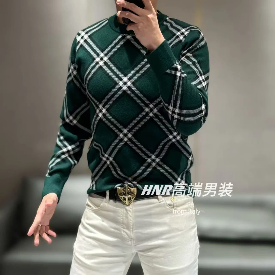 对称菱格图案秋冬新款男士休闲百搭高级感长袖圆领针织衫8571