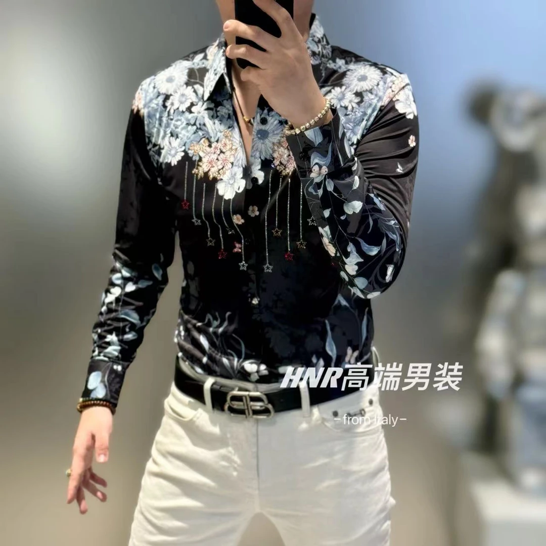 高级感个性印花图案年新款秋季男士休闲长袖百搭衬衫82412