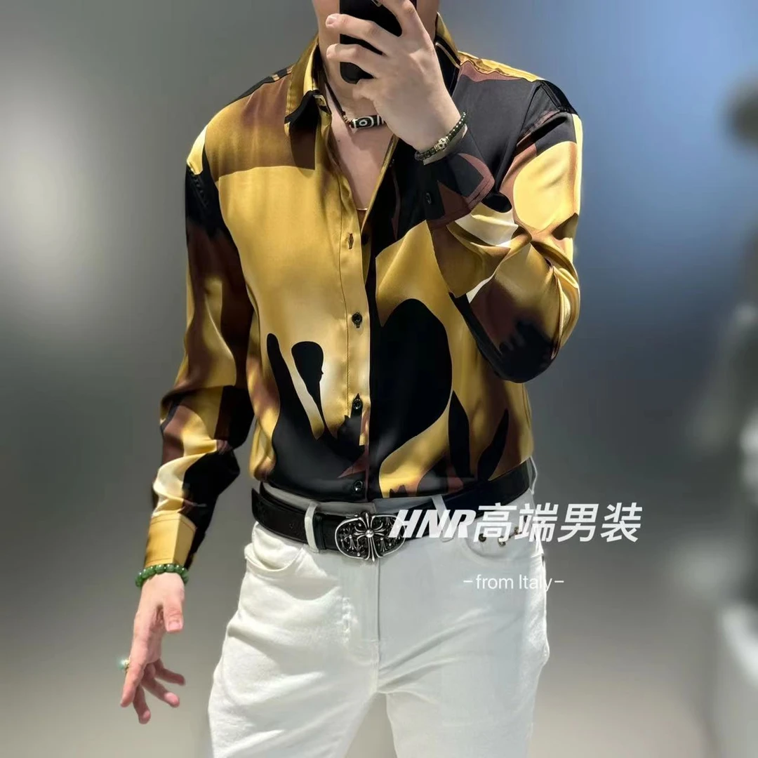 复古撞色印染图案新款高端男士时尚休闲百搭潮流长袖衬衫82494