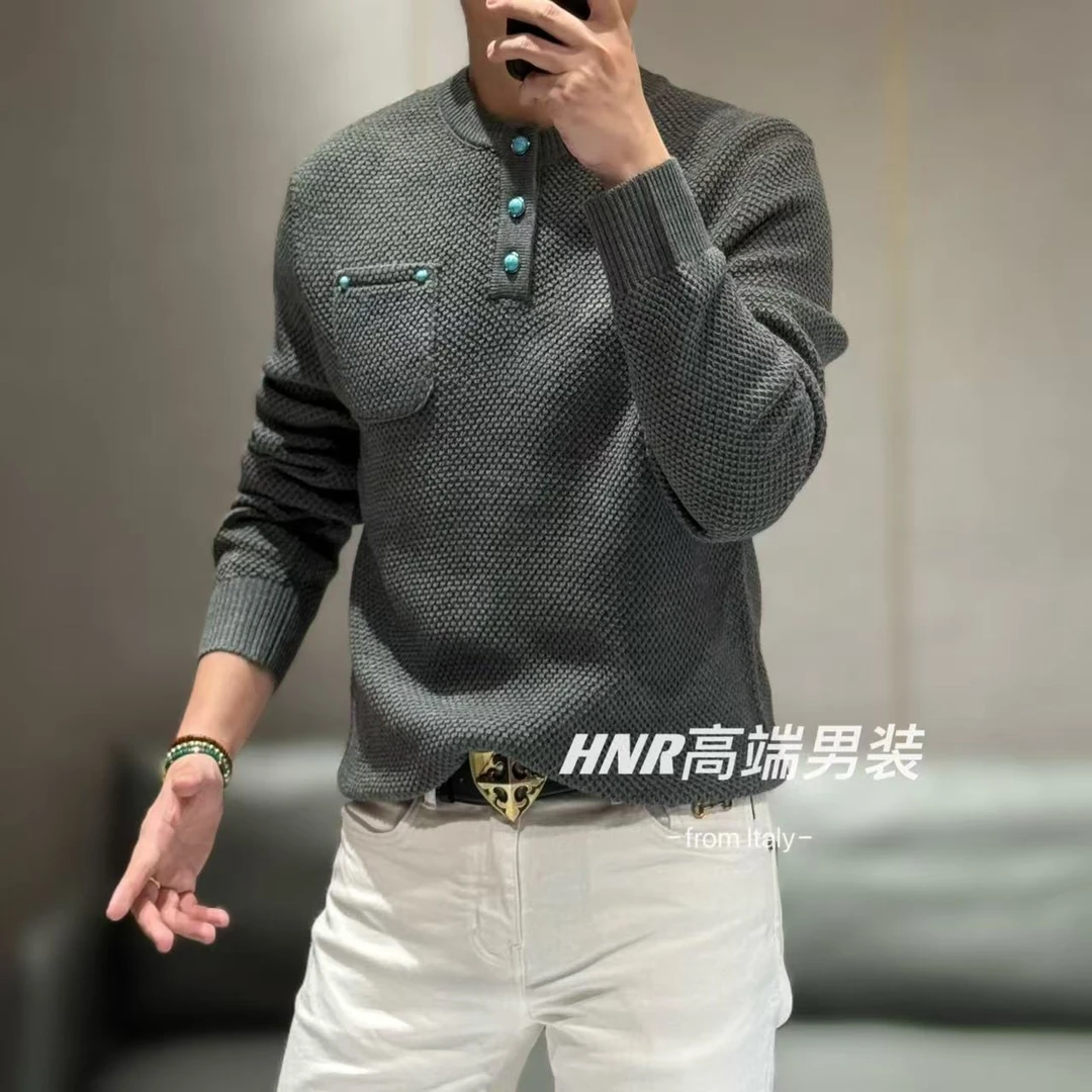 松石绿纽扣设计菠萝纹粗针法秋冬新款纯色时尚百搭羊毛衫HNR07