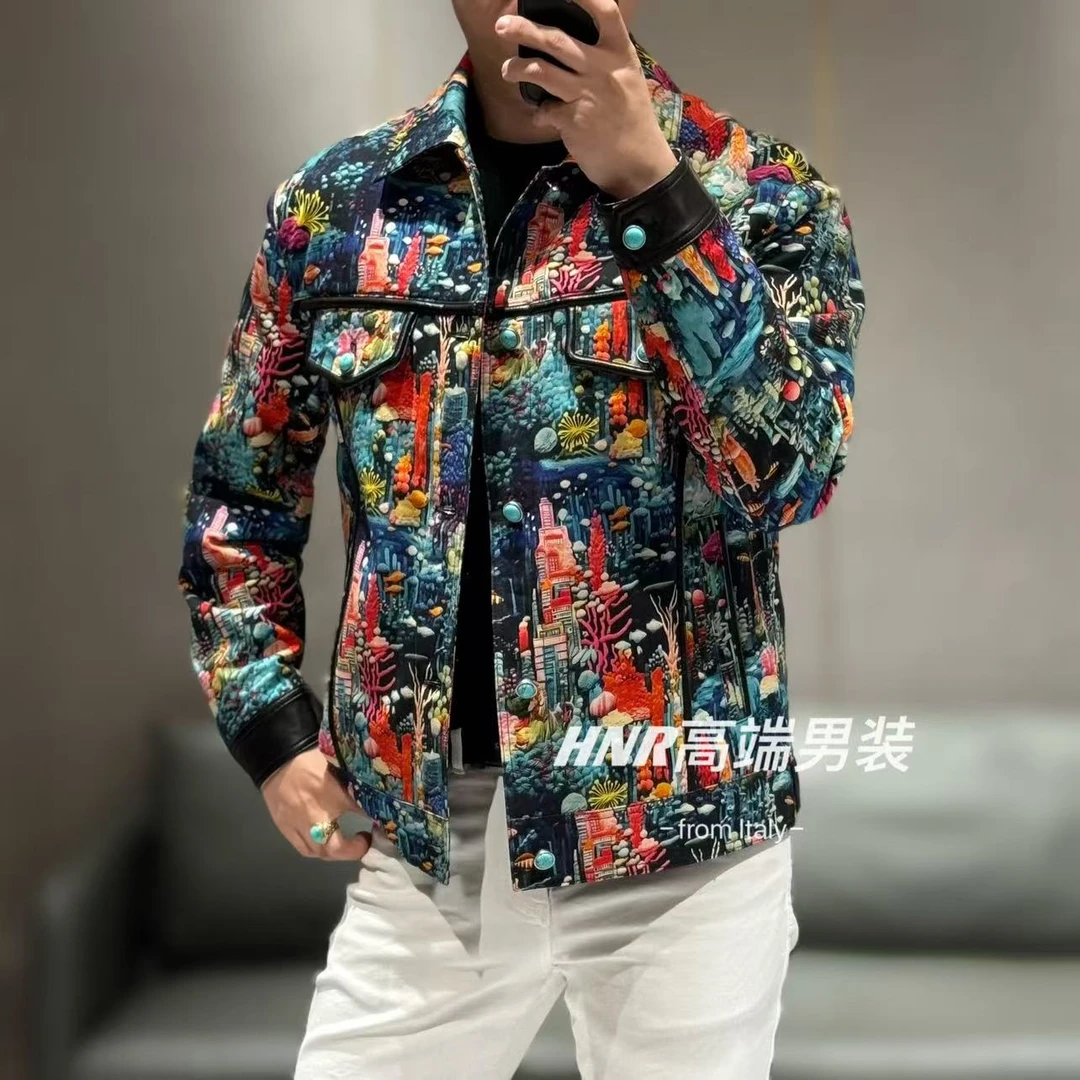 【乔治雷迪尼专卖】裸眼3D幻彩琉璃海底世界真皮拼接羽绒服256632