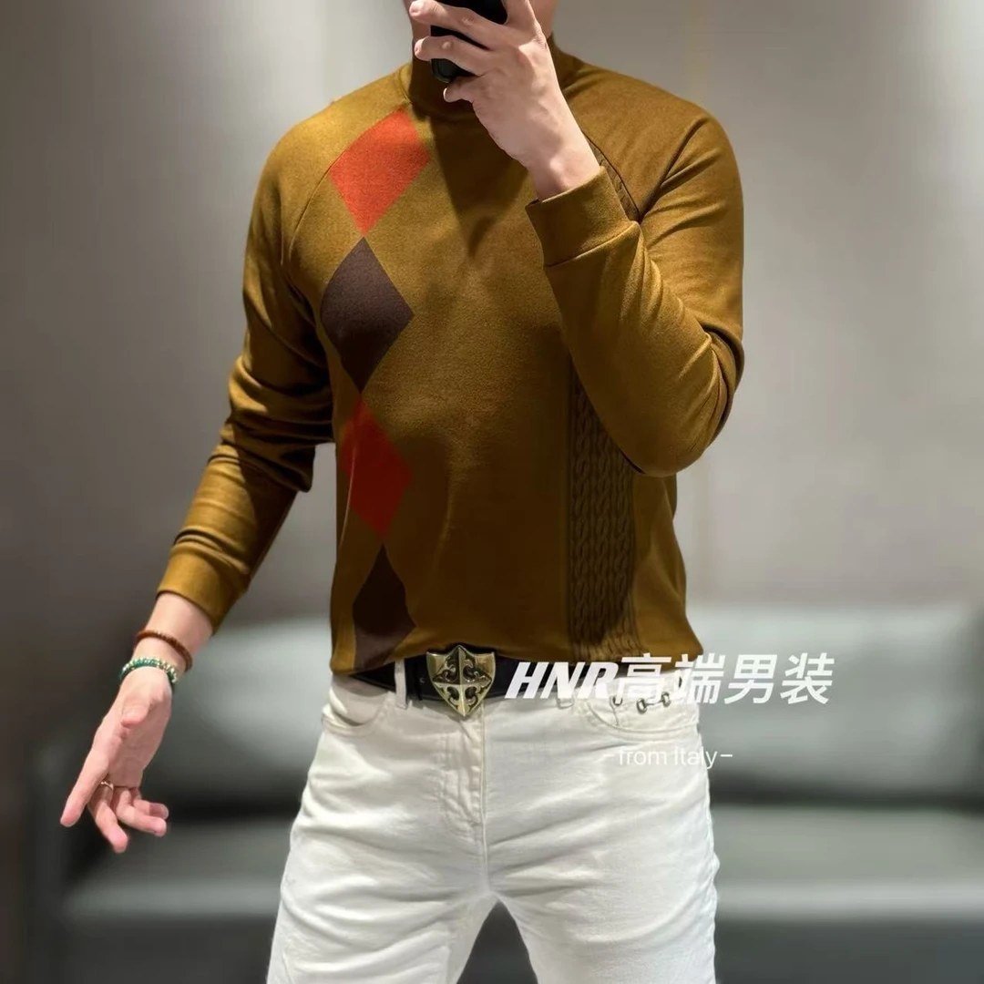 【石墨烯聚热锁温】菱形方格撞色小众设计秋冬款男士长袖T恤3268