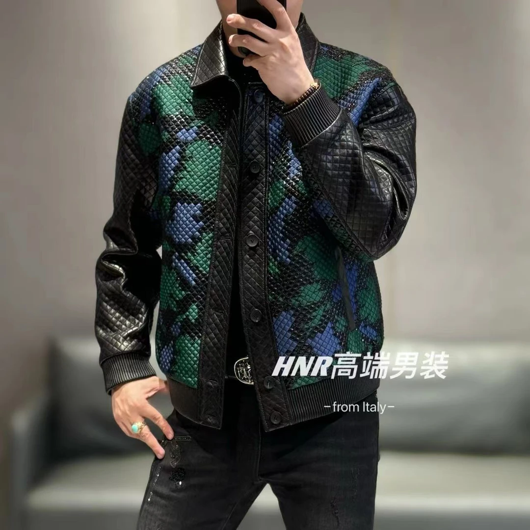 【乔治雷迪尼品牌】绵羊皮拼接菱格图案新款男士夹克0011