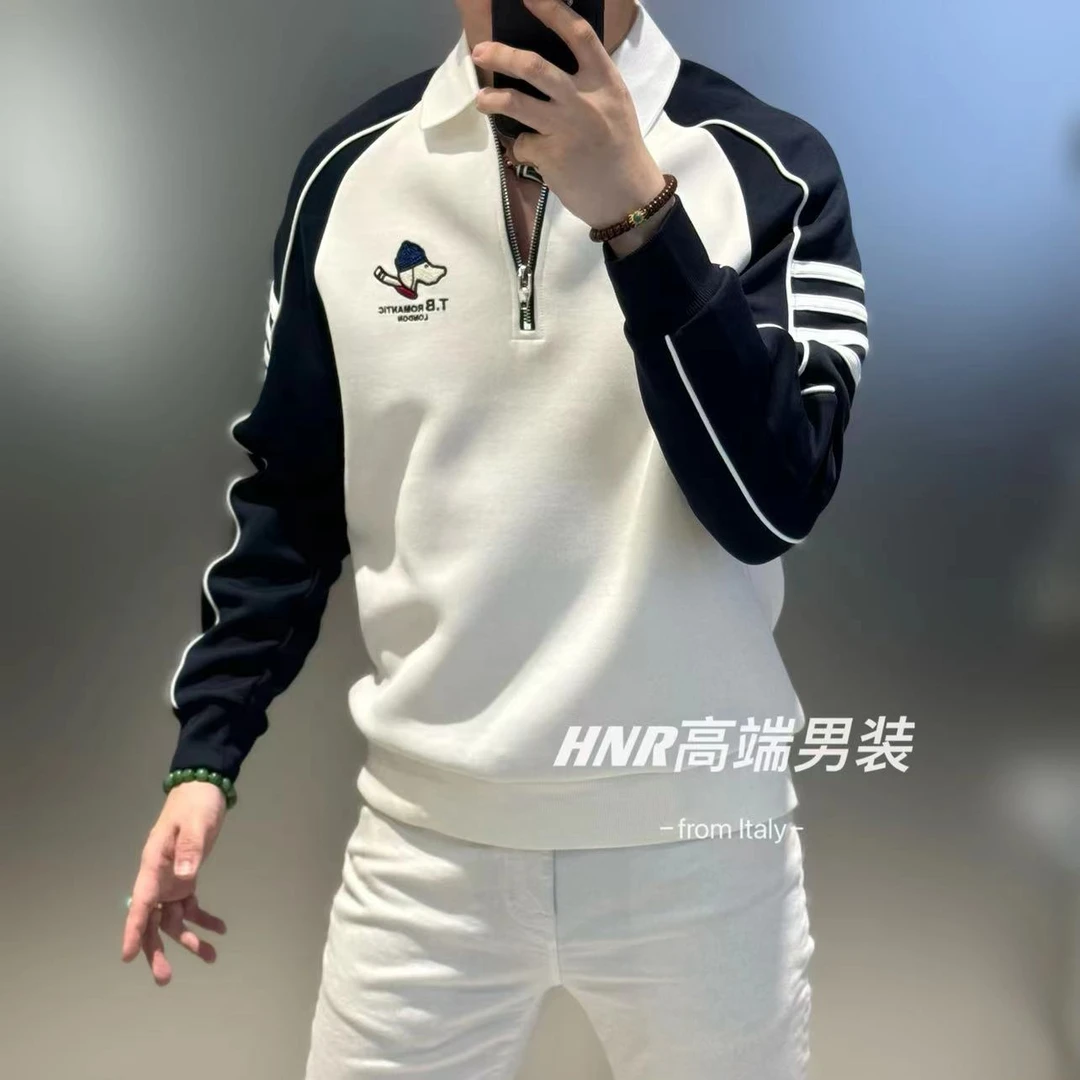 针织胸标撞色新款高端男士秋季时尚休闲百搭半拉链翻领T恤9201