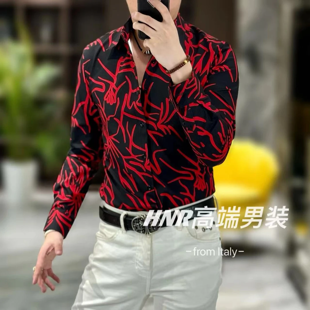 2024新款不规则线条图案秋季时尚男士百搭轻奢微弹长袖衬衫82475