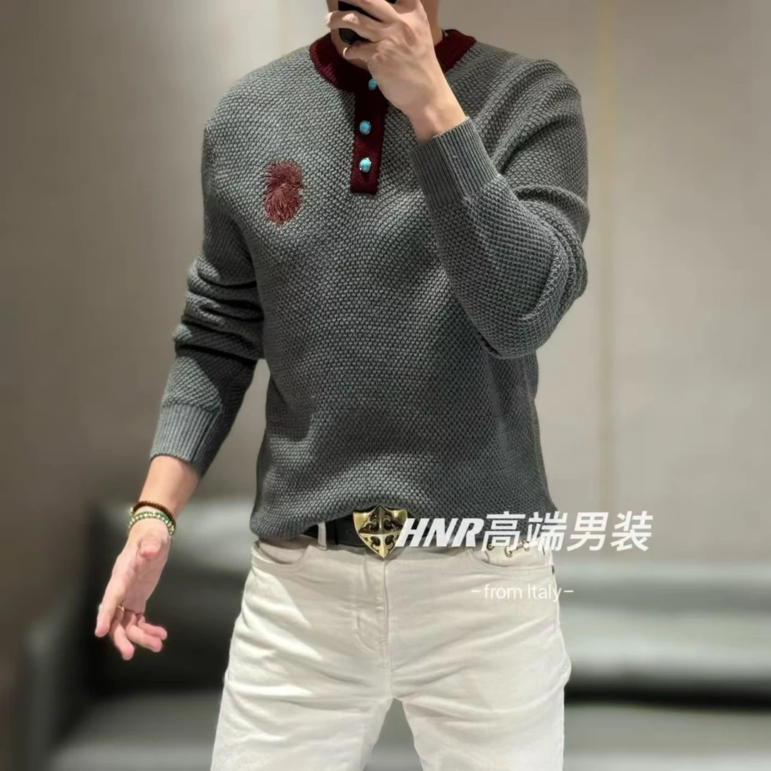 新款复古纽扣个性拼色条纹图案小众时尚潮流百搭针织羊毛衫HNR10