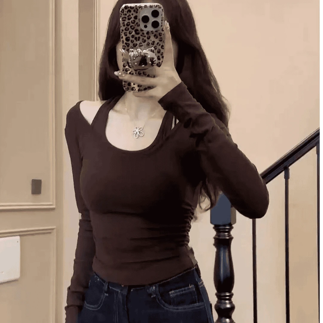 挂脖假两件长袖T恤女辣妹秋季新款修身纯欲风小众抽褶短款上衣衫