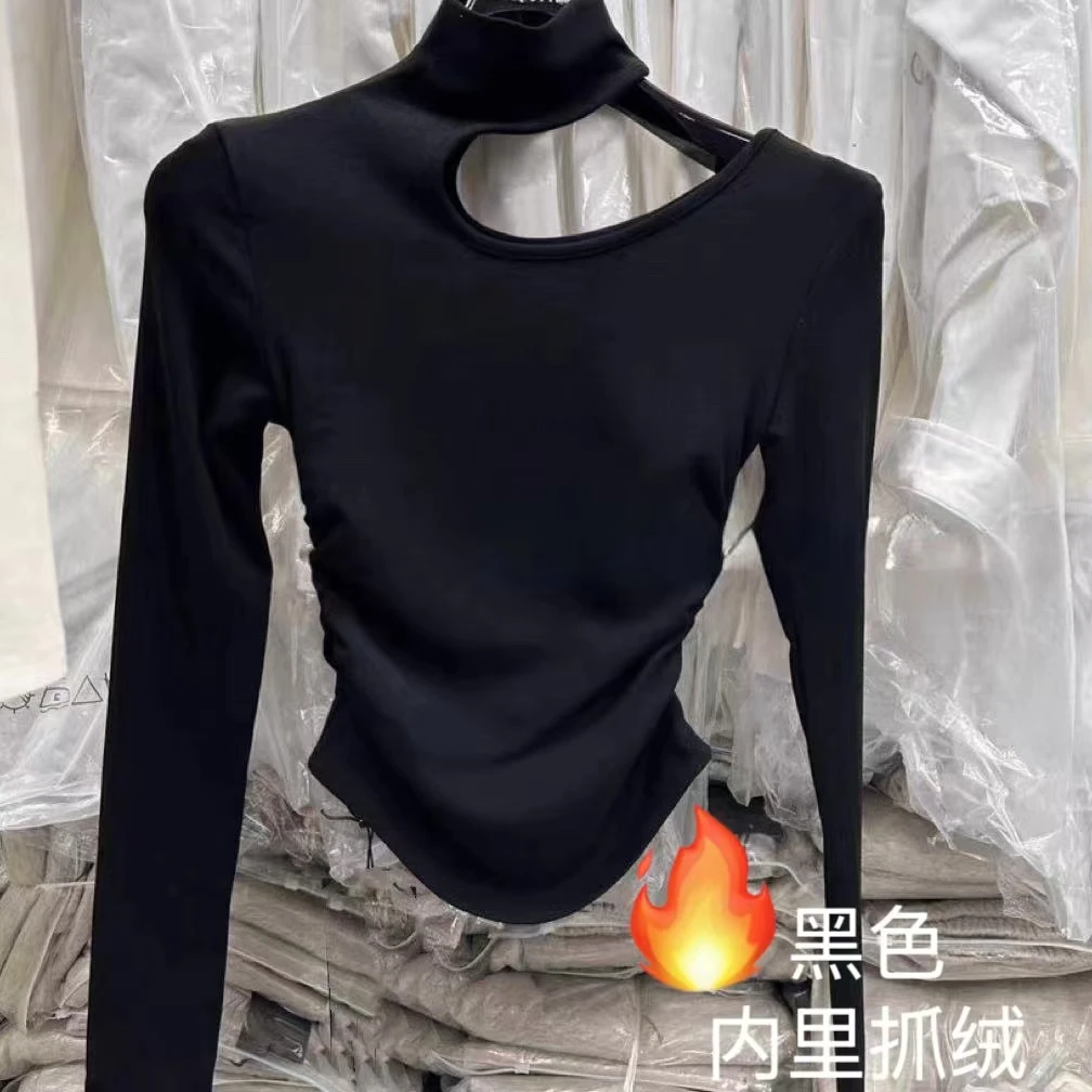 冬季加绒显瘦紧身小心机时尚设计感缩褶套头T恤衫百搭长袖上衣女