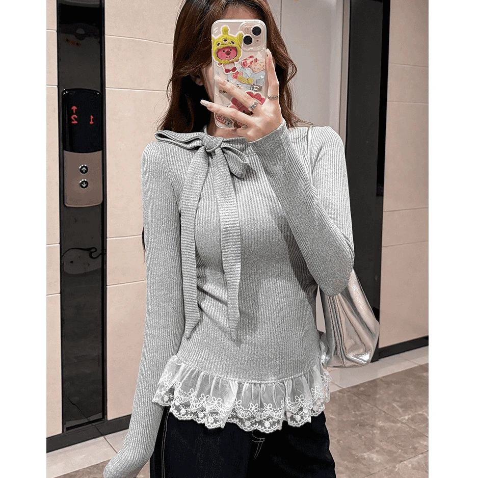 小众设计蝴蝶结系带修身打底衫芭蕾风时尚百搭T恤女冬季加绒磨毛