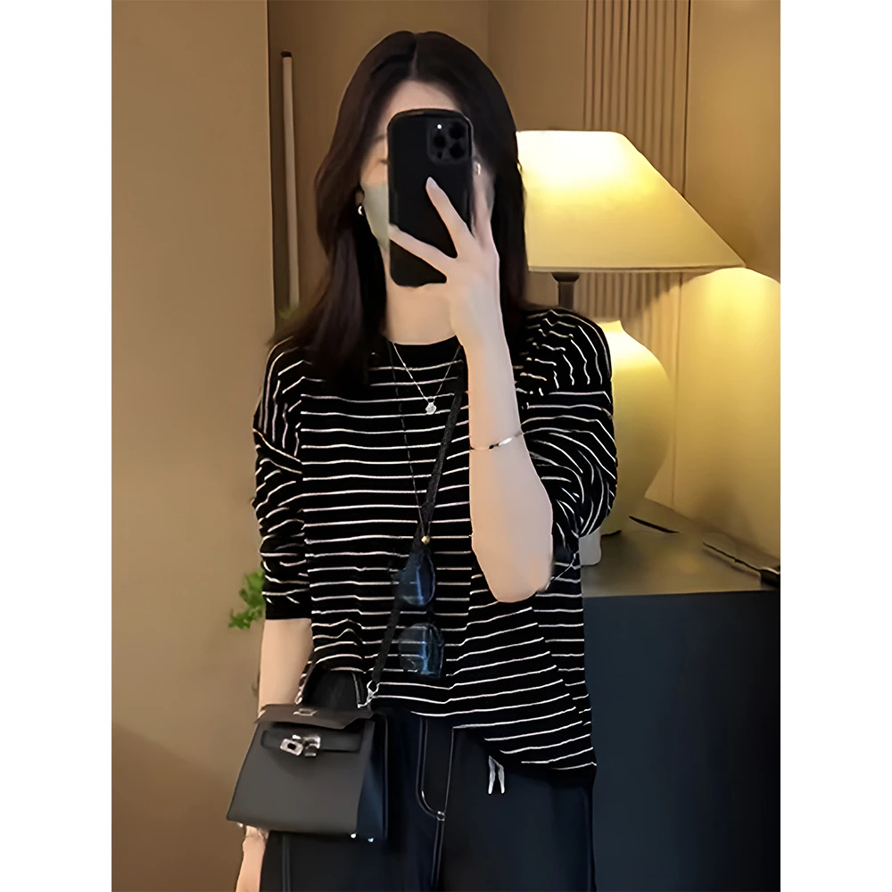 条纹圆领长袖T恤打底衫女2025新款春秋款宽松洋气独特别致上衣女