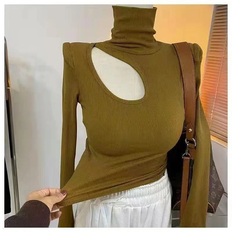 高领打底衫小众设计感镂空性感时尚紧身上衣女冬季加绒内搭新款