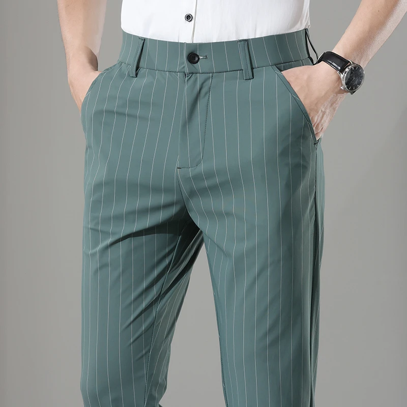冰丝超薄九分休闲西裤男修身小脚西装裤垂感弹力夏季薄款条纹裤子