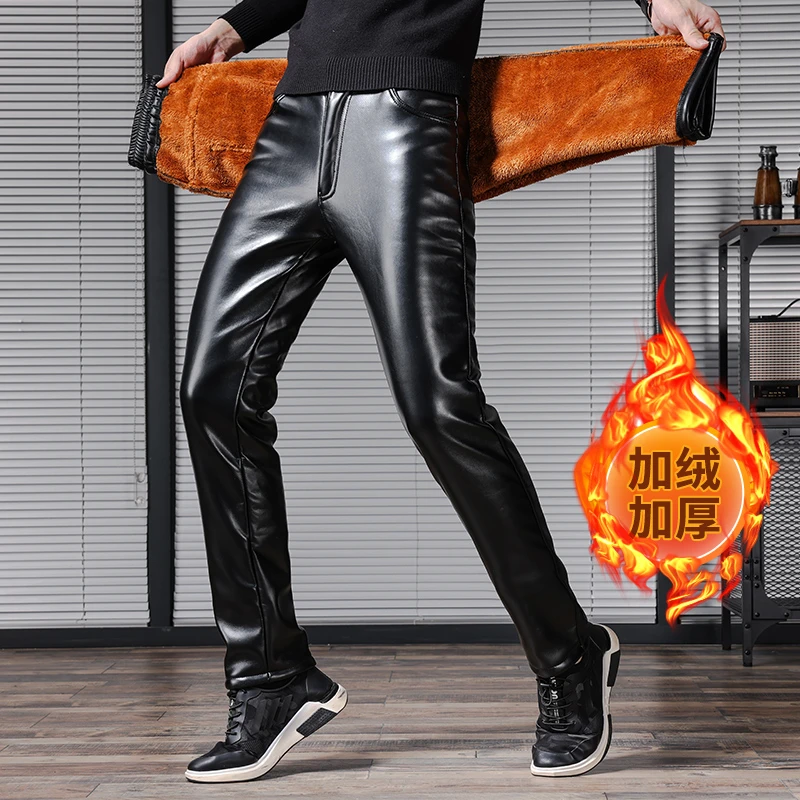 男士皮裤子防风防水防油机车小脚裤中老年男士加绒加厚修身弹力裤