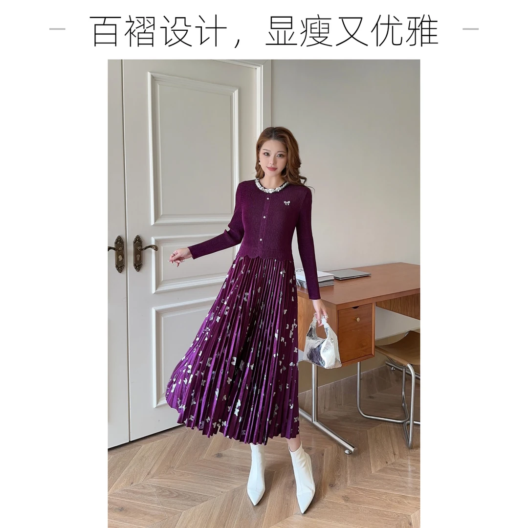 【文文家】SK414金钻绒圆领钉珠烫银蝴蝶花连衣裙&冬季轻奢时尚女装