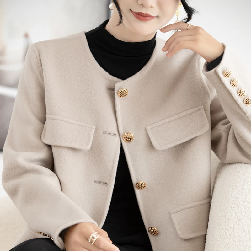 春秋新款双面羊毛大衣女高端法式小香风气质灰色上衣短款毛呢外套