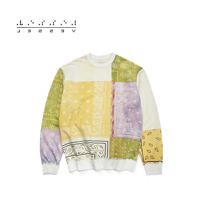 XVESSELPaisley Sweater蓝色/黄色 长袖春季时尚腰果花拼接卫衣