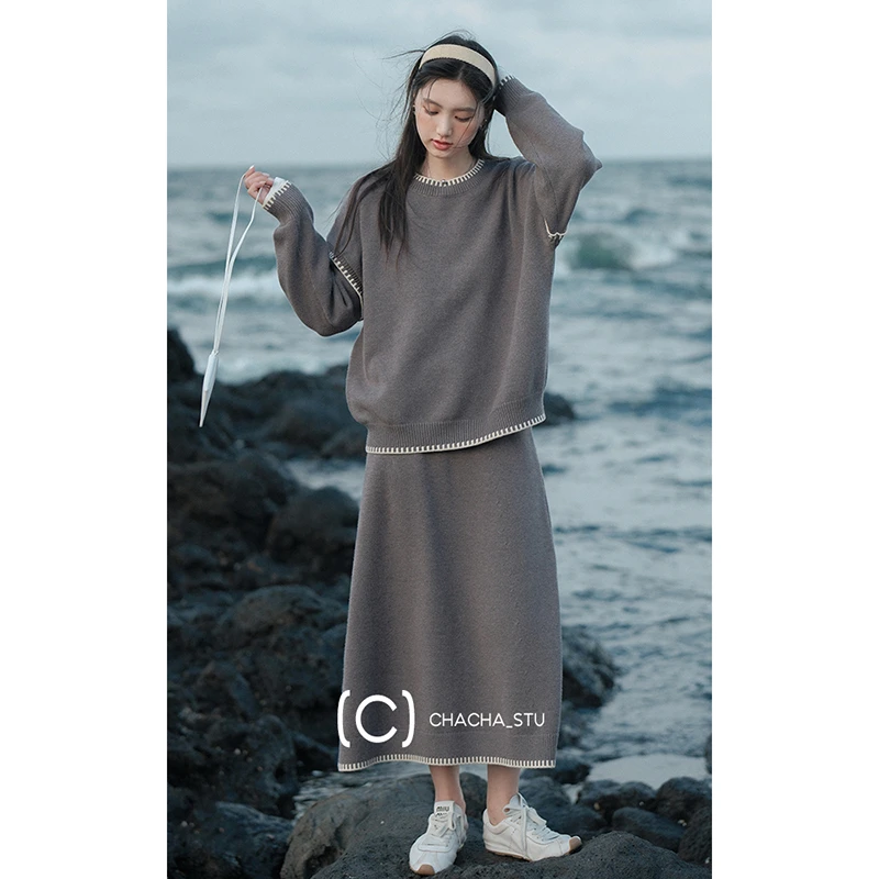 CHACHASTU灰色复古套头毛衣女秋冬慵懒风高级感半身裙套装F24605