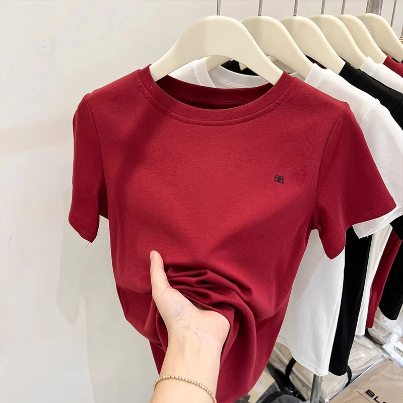 红色刺绣短袖t恤女春秋内搭2025年新款设计感小众套头显瘦上衣潮