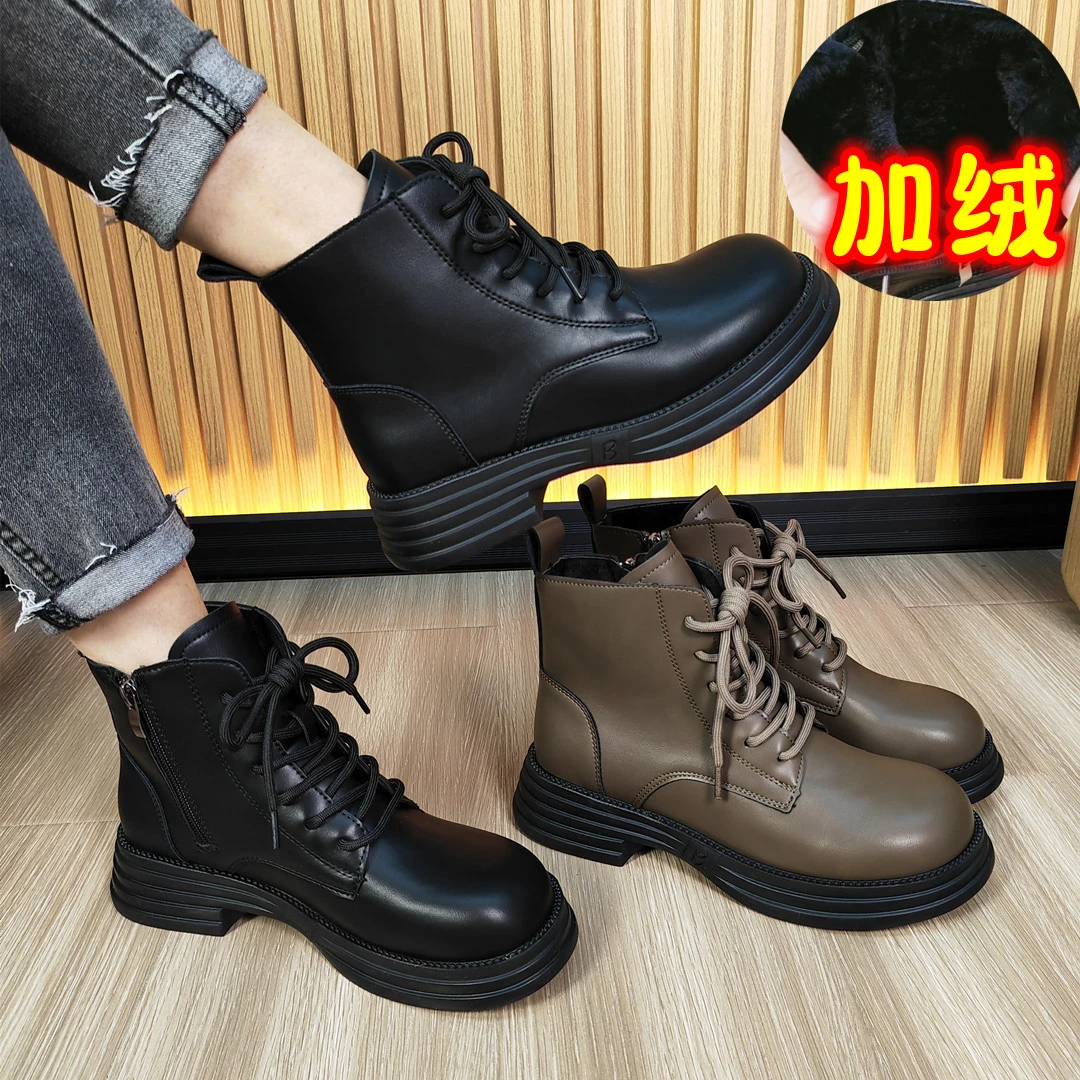 2023新款靴子冬季英伦风小软皮时尚马丁靴百搭休闲加绒韩版女短靴