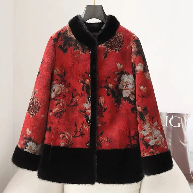 新款2024冬妈妈装大衣女短款立领新中式皮毛一体中老年奶奶外套冬