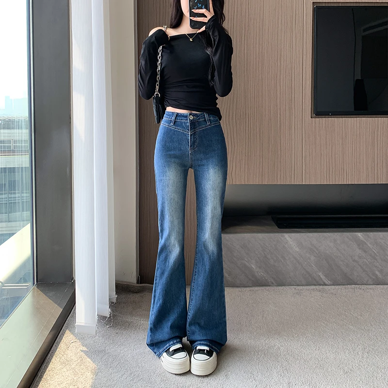 2025春款中低腰设计感微喇叭牛仔裤女显瘦百搭拖地喇叭裤Y2383